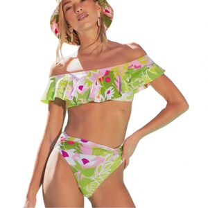 Trina Turk Lime Green Pink Floral Off-Shoulder Bikini